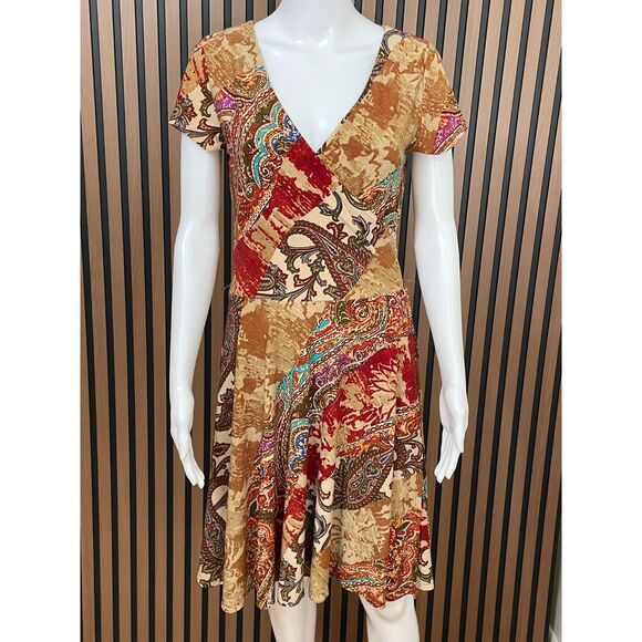 Lauren Ralph Lauren Women's M Brown Dress Polyester Wrap V Neck Paisley Bohemian - Picture 1 of 10